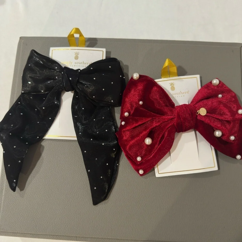 Simply Southern Red and Black Hair Bows with Glitter and Pearls
